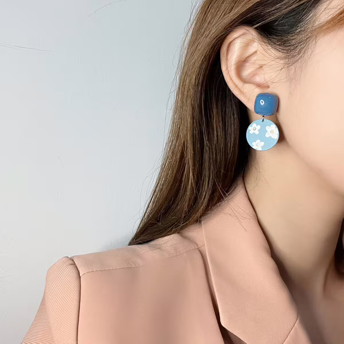 加油鴨藍色小花×不對稱吊墜耳環-第5張