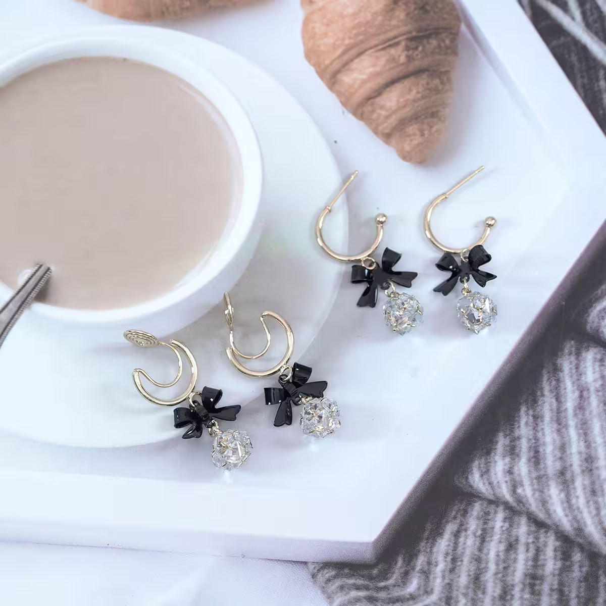 黑領結C字輕奢晶鑽球×蚊香盤U型耳夾-第5張