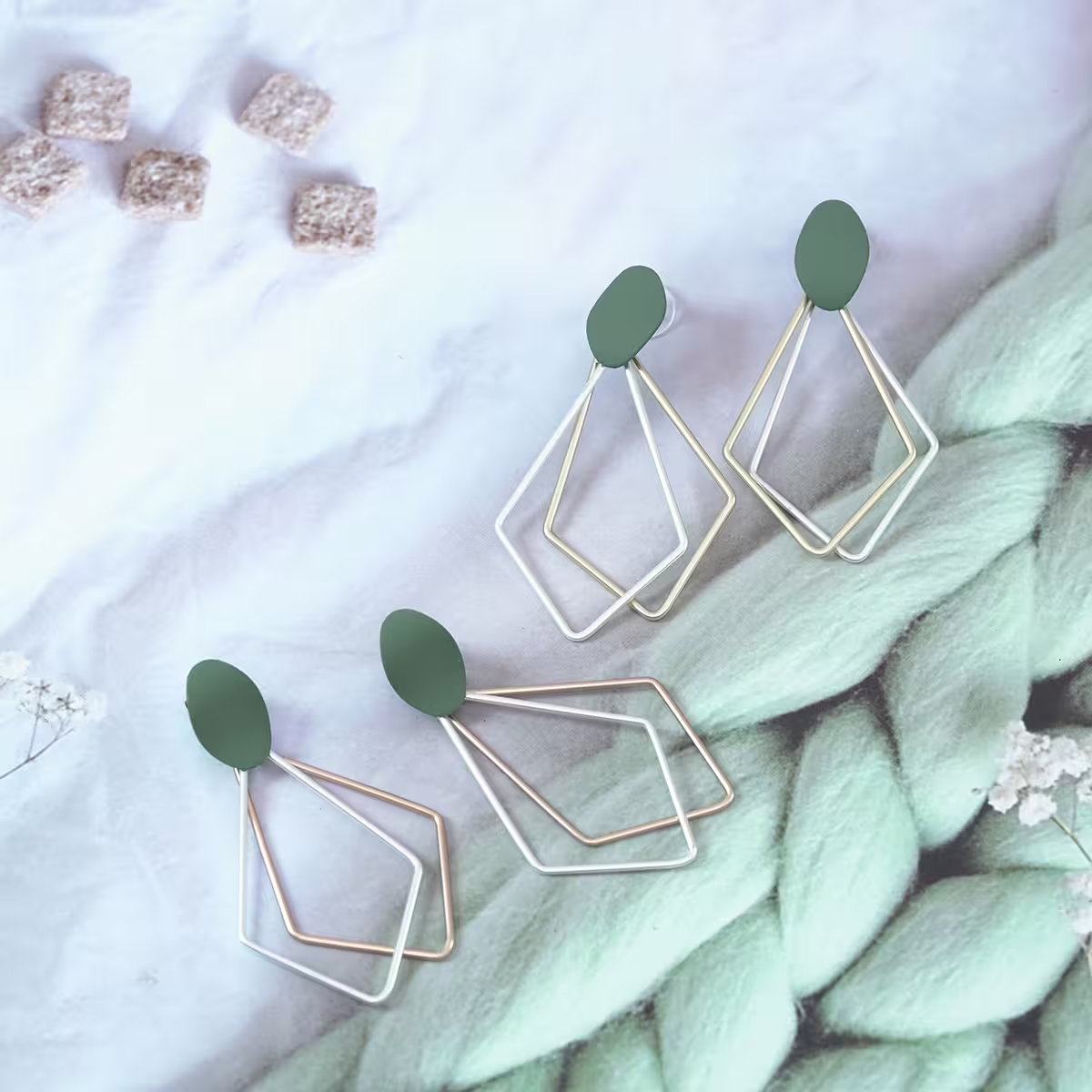 綠點雙色長菱形×三角耳夾-第5張