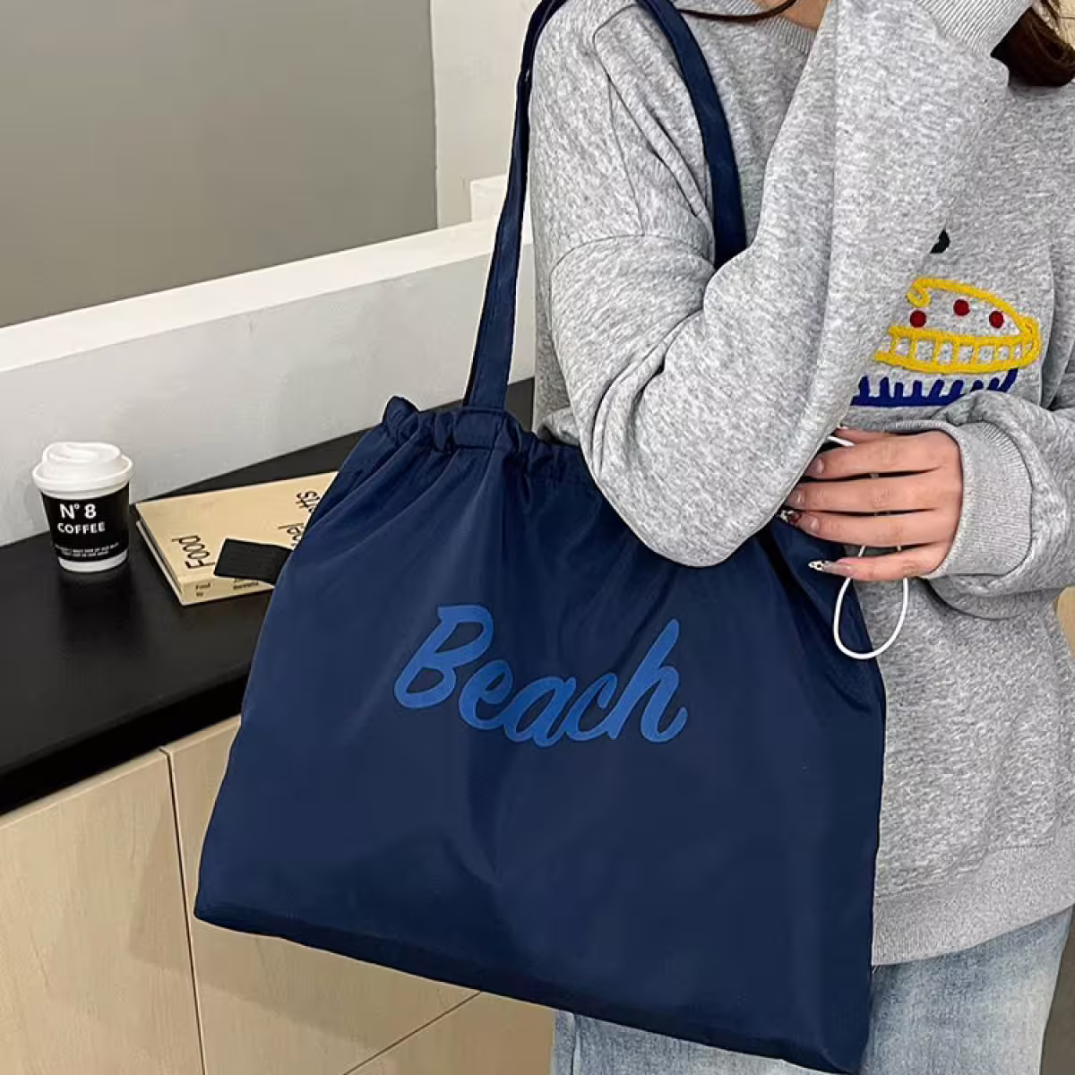 尼龍字母沙灘包×肩背包×深藍-第4張