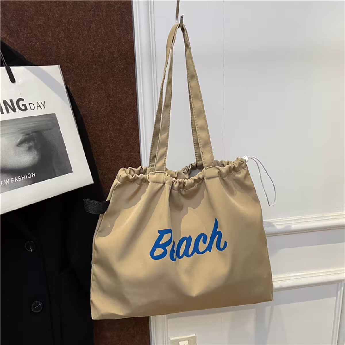 尼龍字母沙灘包×肩背包×卡其-第3張