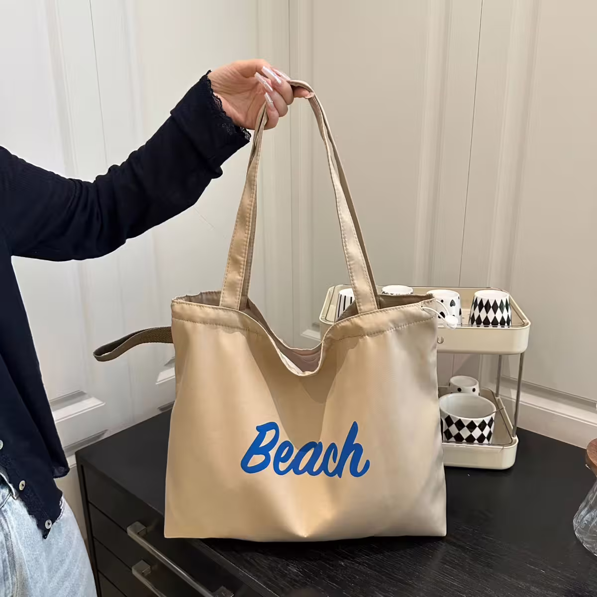 尼龍字母沙灘包×肩背包×卡其-第4張