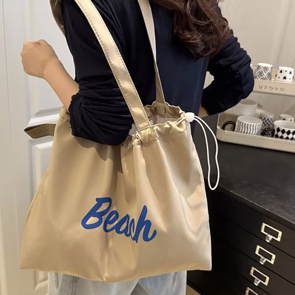 尼龍字母沙灘包×肩背包×卡其-第5張