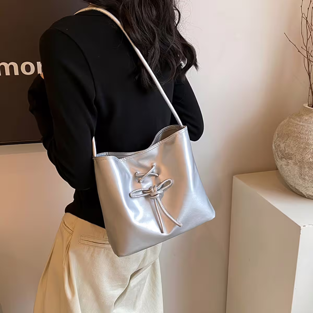 結繩甜美皮革包×肩背包×銀色-第3張