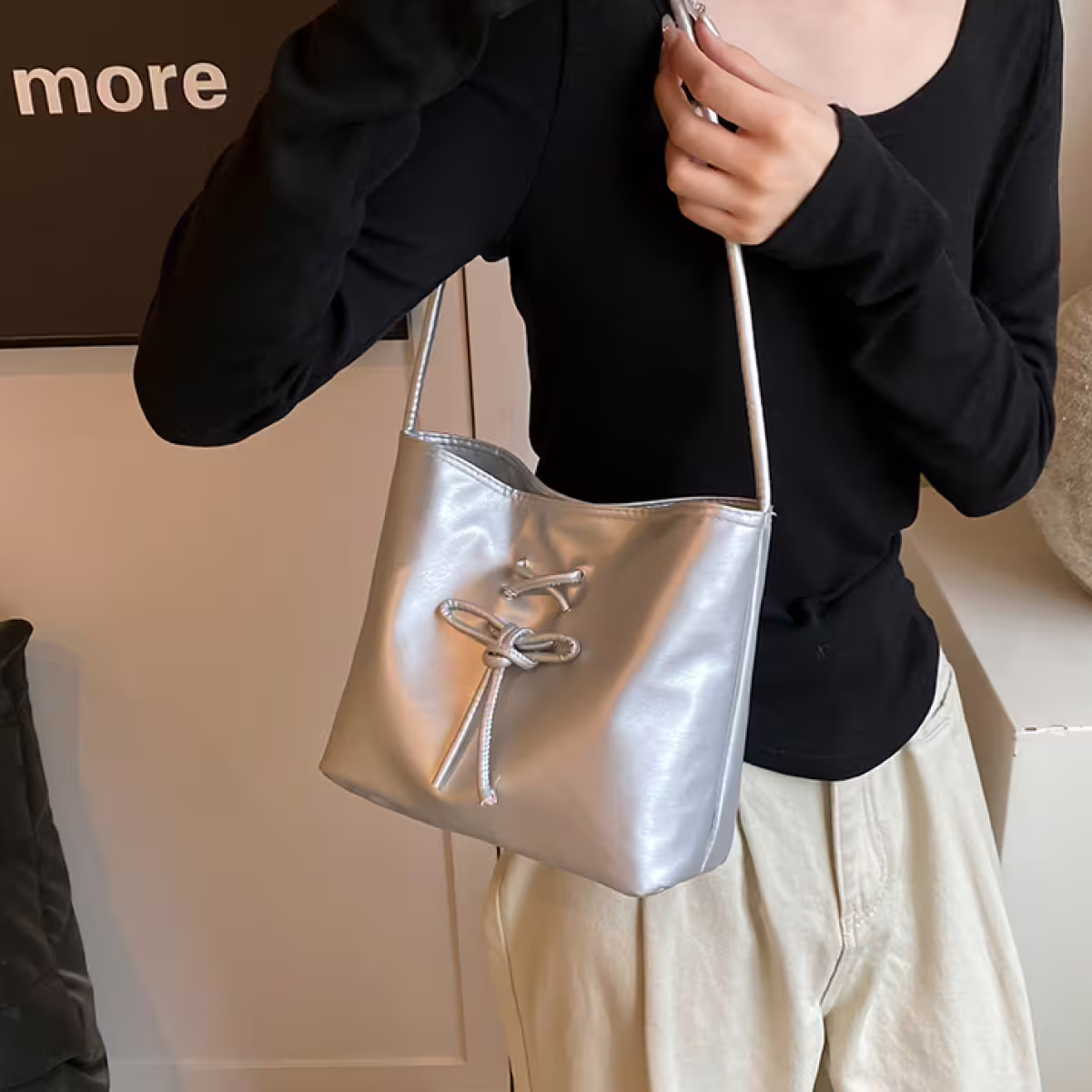 結繩甜美皮革包×肩背包×銀色-第4張