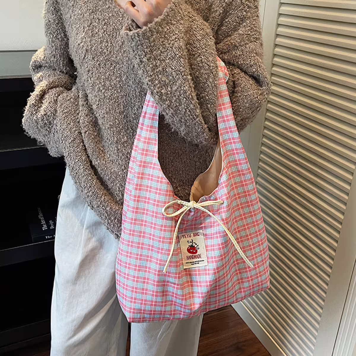 格紋蝴蝶結小蕃茄×肩背包×粉紅-第5張