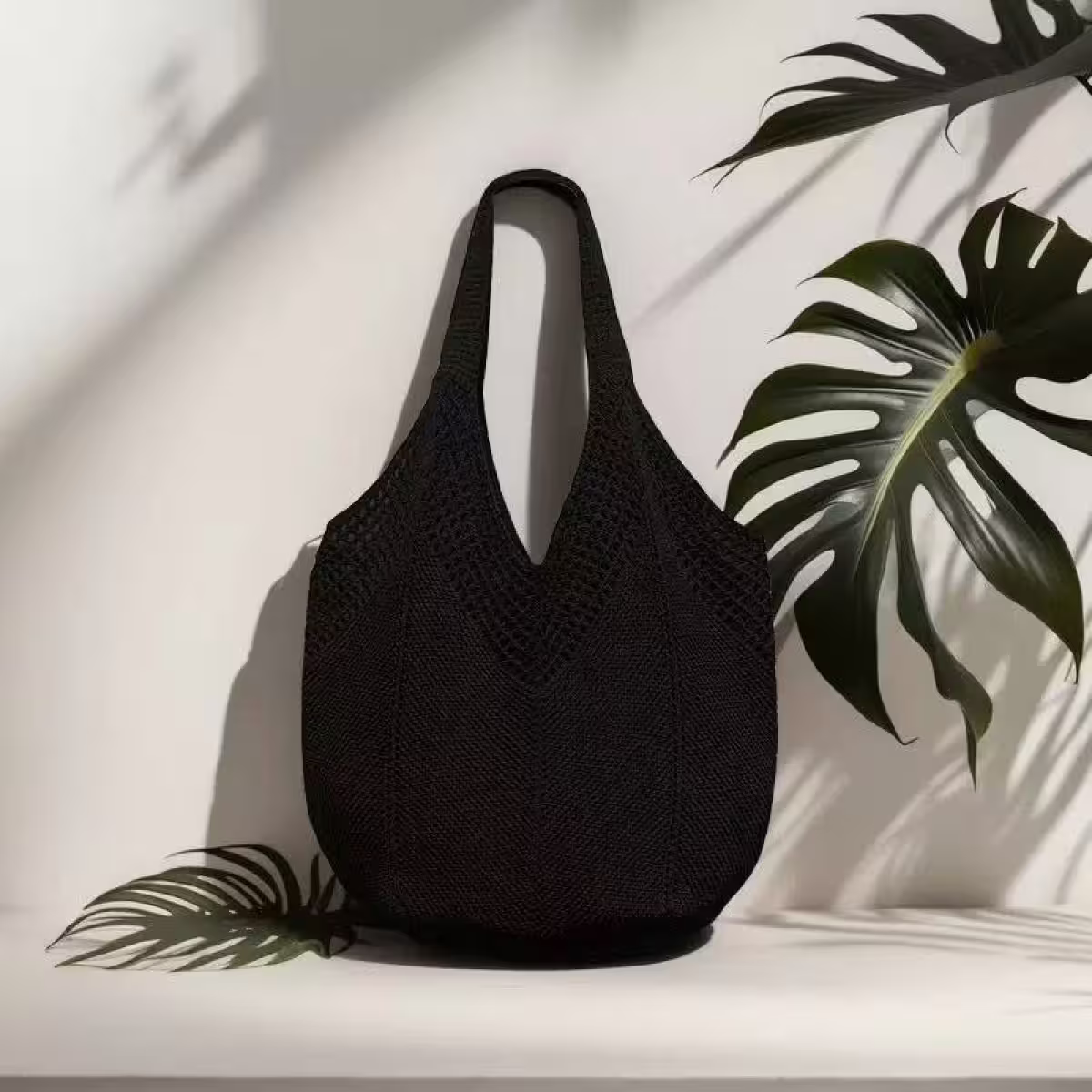 素色M型鏤空針織×肩背包×黑色-第1張