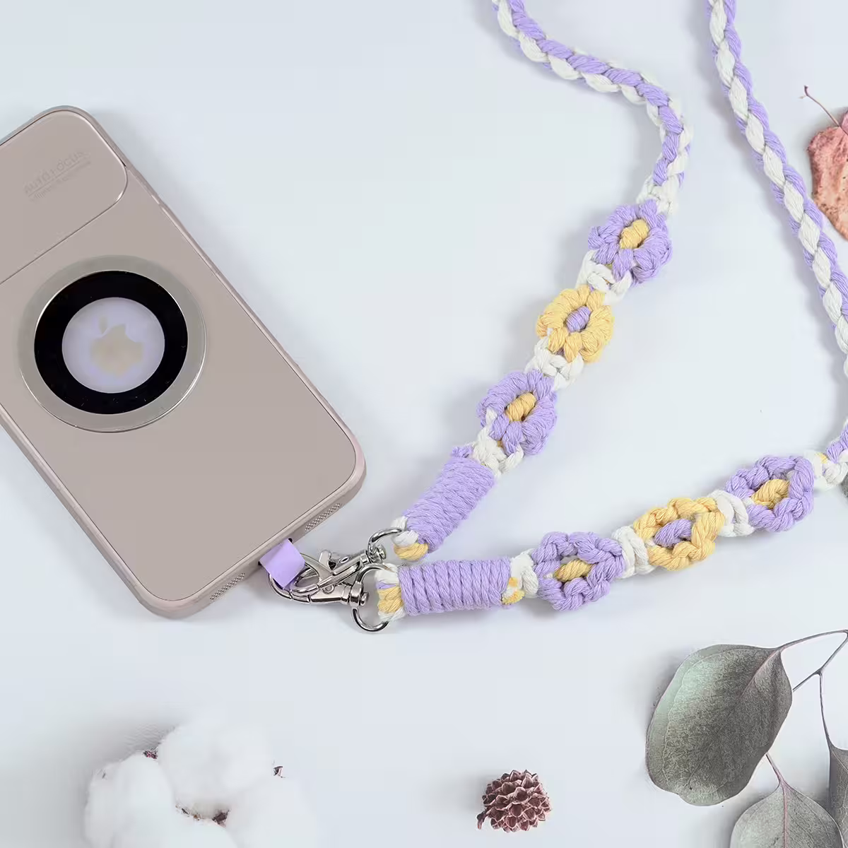 粗麻辮小花朵×手機斜背雙勾掛繩×紫黃-第2張