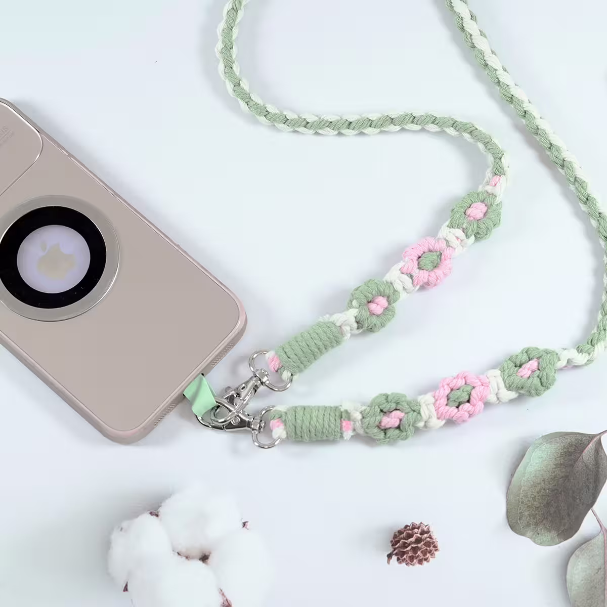 粗麻辮小花朵×手機斜背雙勾掛繩×綠粉-第3張