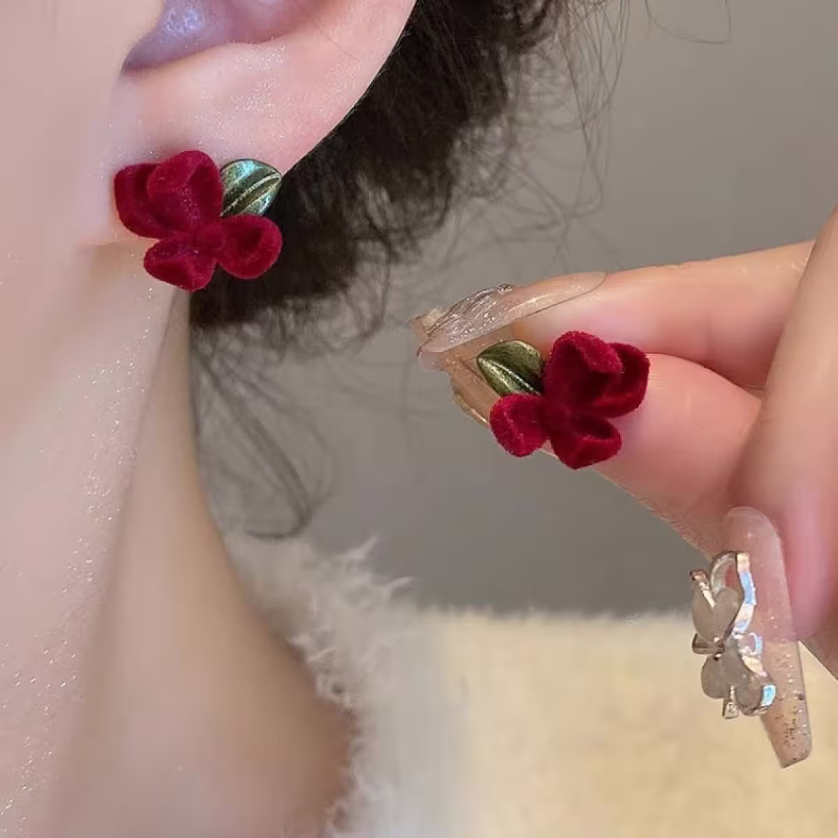 紅絲絨梔子花鍊條×後掛式吊墜耳環-第6張