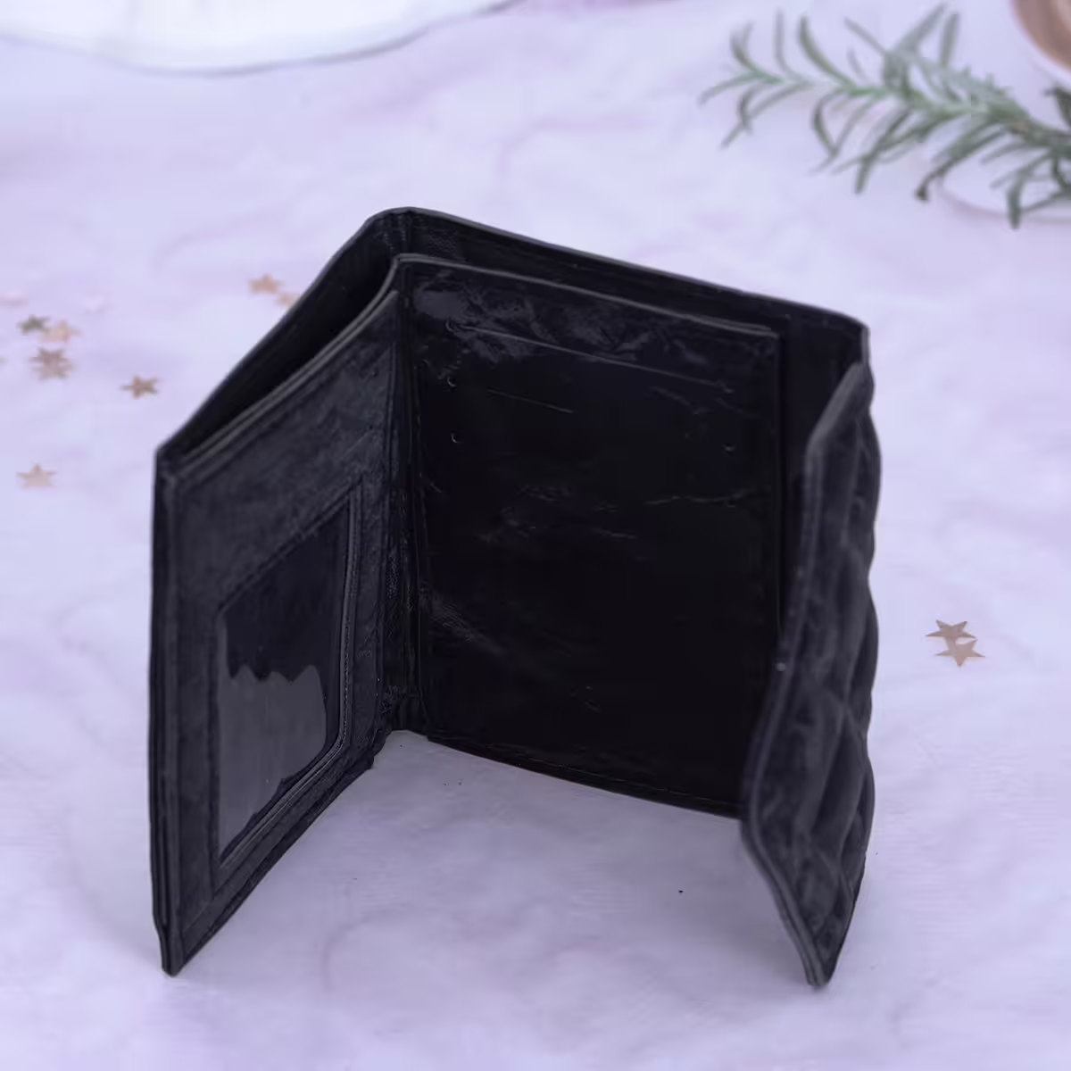 信封爆閃麂皮×三折短皮夾×黑色-第5張