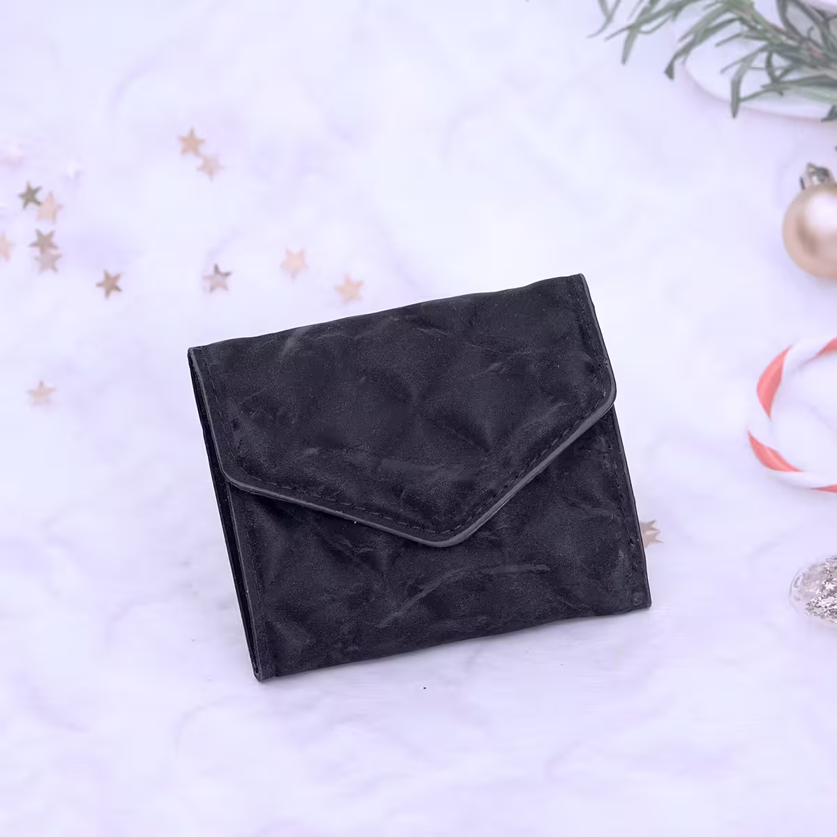 信封爆閃麂皮×三折短皮夾×黑色-第1張
