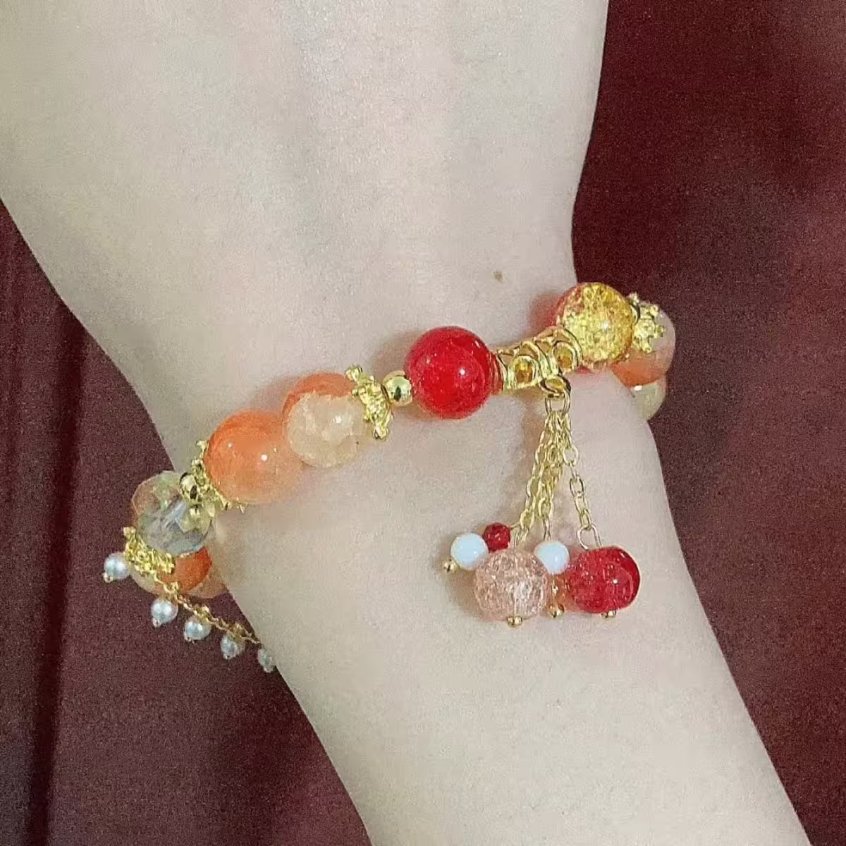 橘紅流蘇碎珍珠×固定式串珠手鍊-第6張