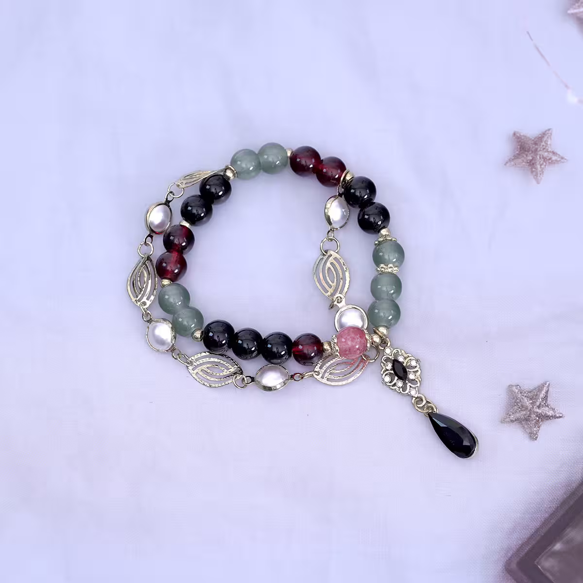 雙層暗黑柳葉黑水滴×固定式串珠手鍊-第1張