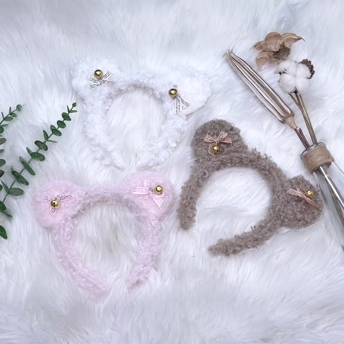 羊羔毛鈴鐺蝴蝶結熊耳×髮箍×共三色-第1張