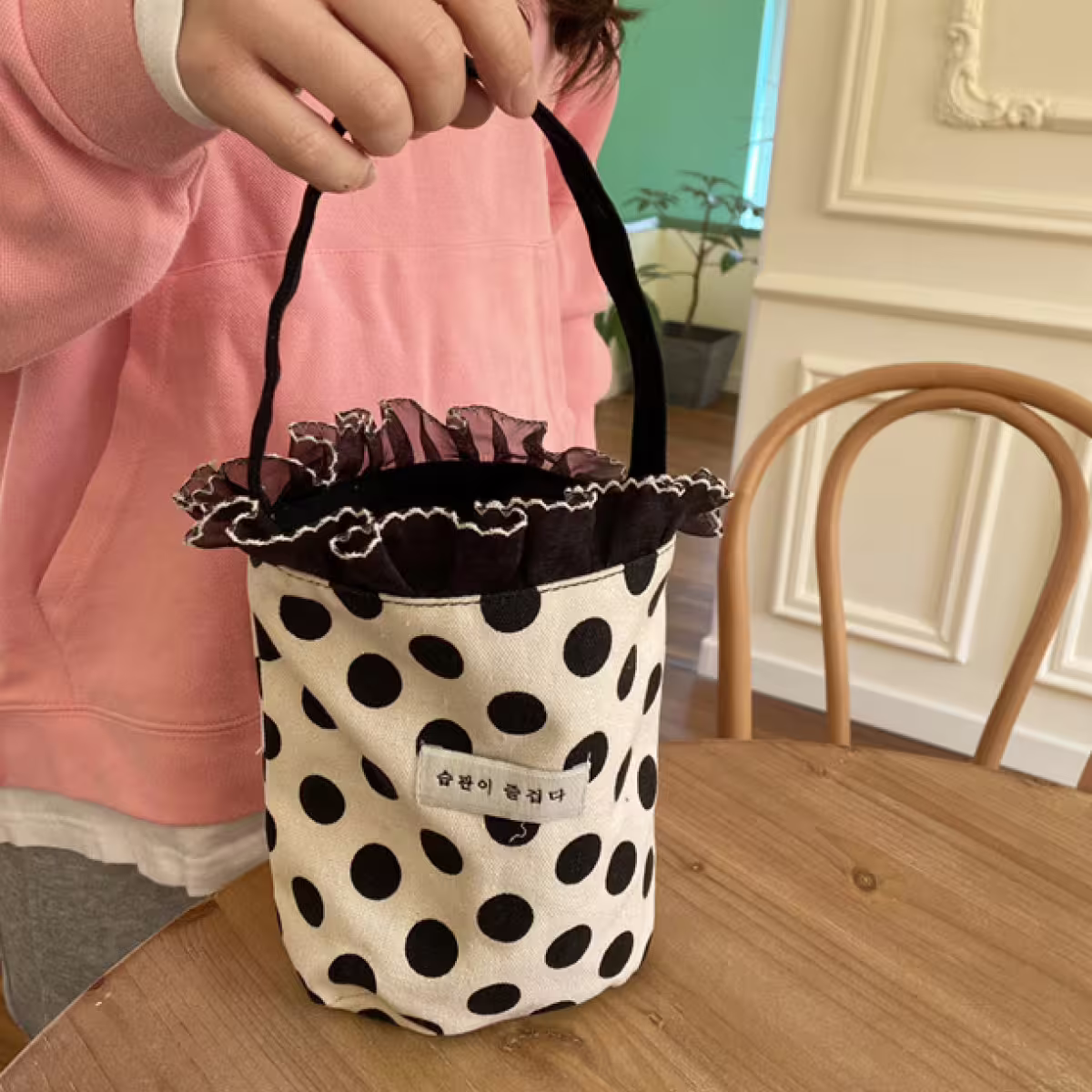 蕾絲邊韓文×輕巧手提袋×點點-第6張