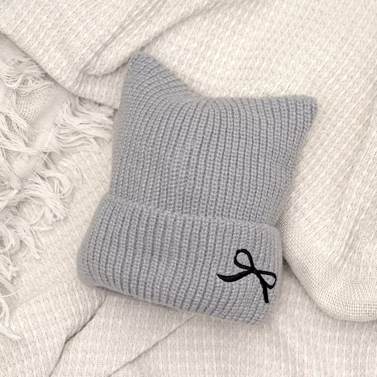 平頭俏貓耳蝴蝶結&times;毛帽&times;灰色-第1張