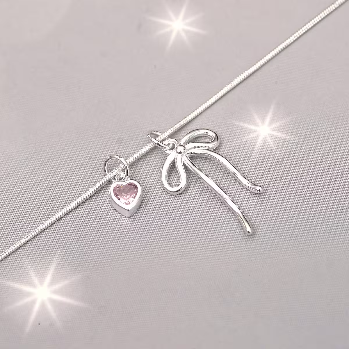 925銀飾&times;蛇骨蝴蝶結粉心&times;鎖骨項鍊-第2張