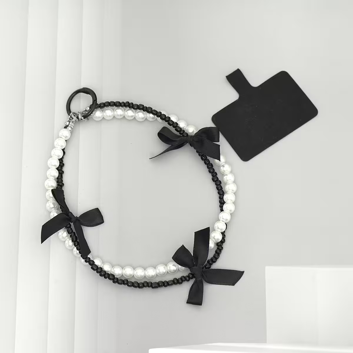 芭蕾風蝴蝶結珍珠&times;雙層手機腕帶掛繩&times;黑色-第2張