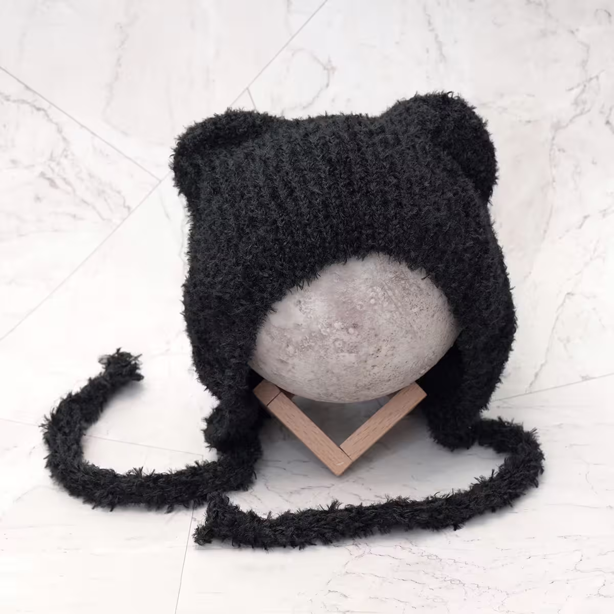 羔毛繫繩小耳朵&times;毛帽&times;黑色-第2張