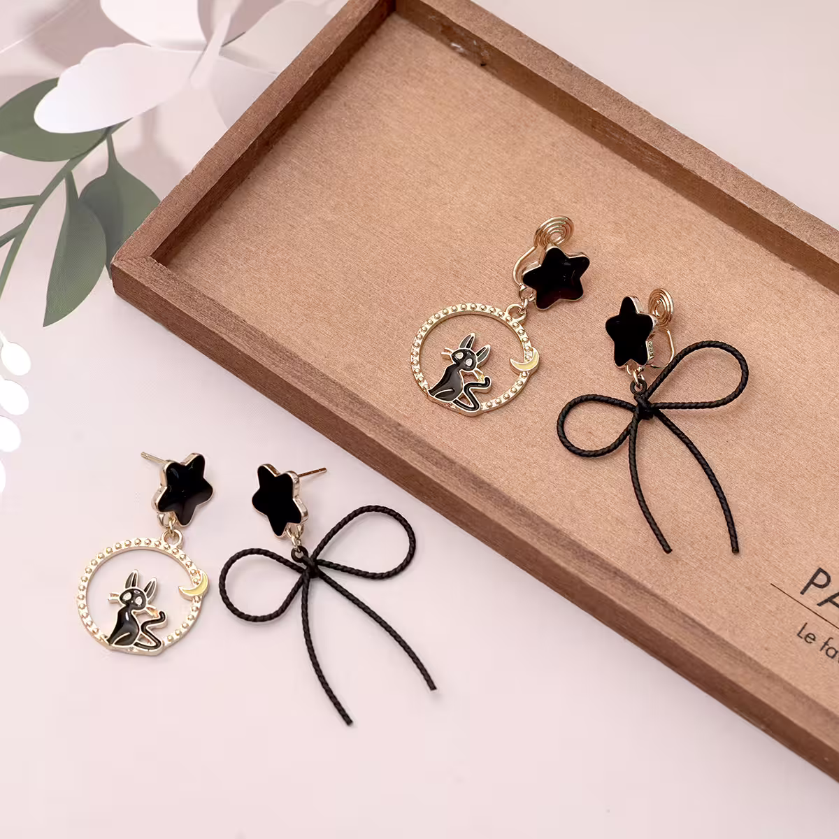 黑貓線條蝴蝶結&times;不對稱吊墜耳環-第6張