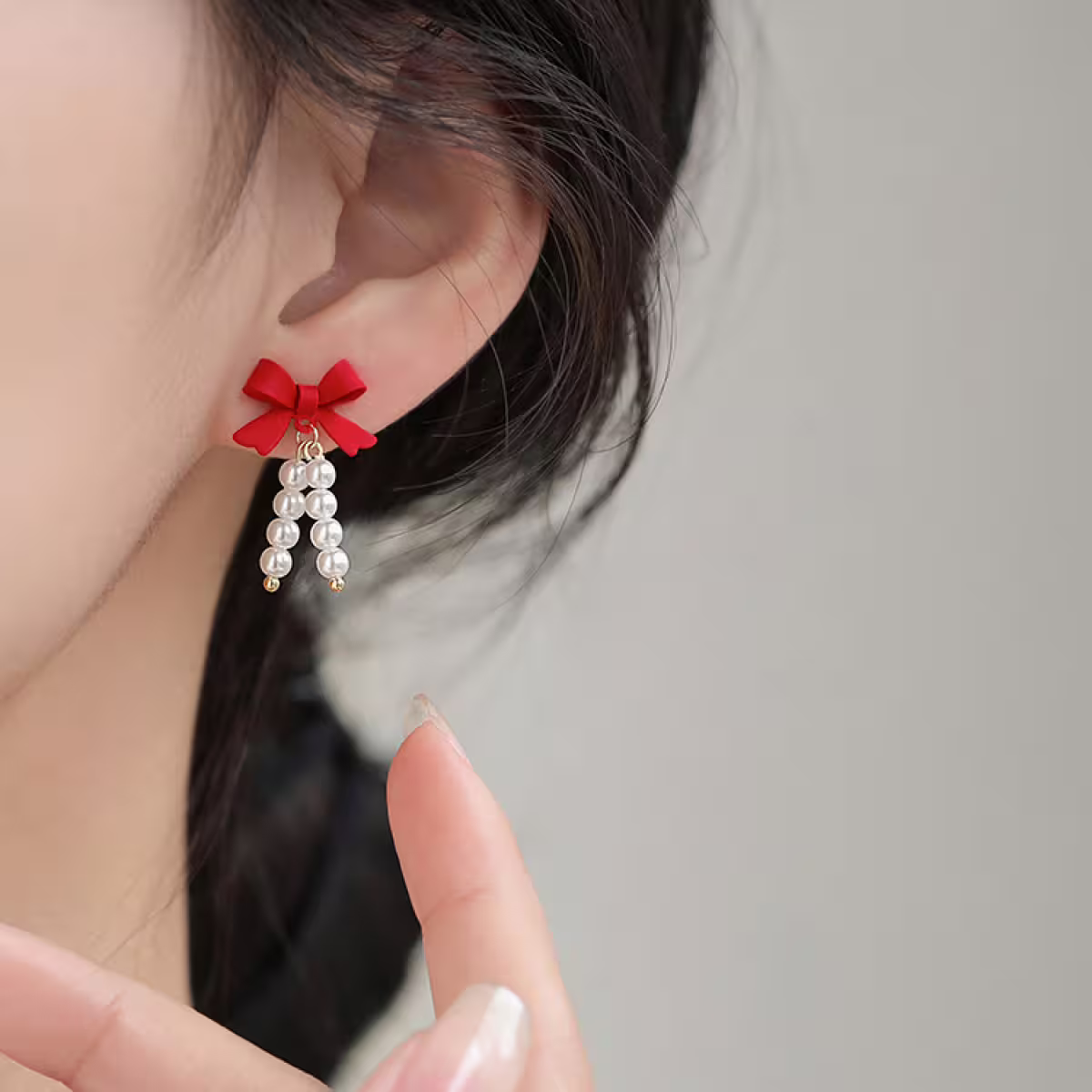 蝴蝶結鈴鐺珍珠串&times;不對稱吊墜耳環-第5張