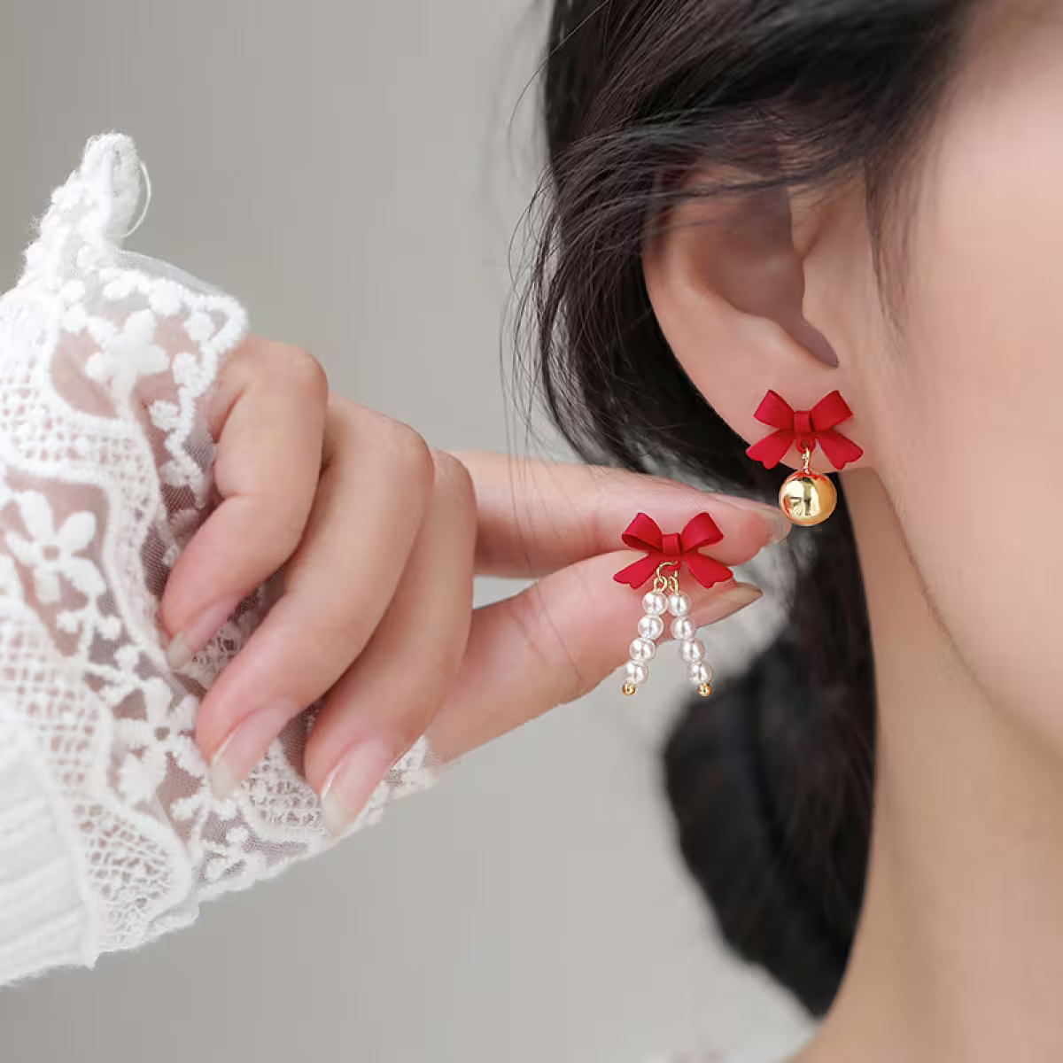 蝴蝶結鈴鐺珍珠串&times;不對稱吊墜耳環-第6張