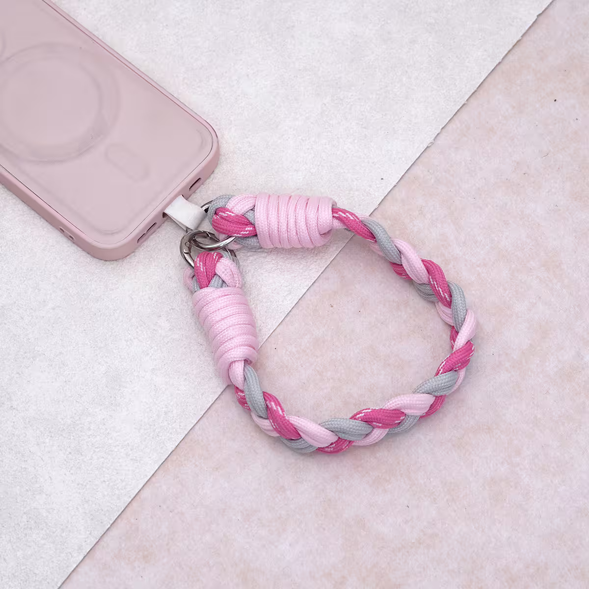 三色麻花辮&times;手機腕帶掛繩&times;粉紅灰-第2張