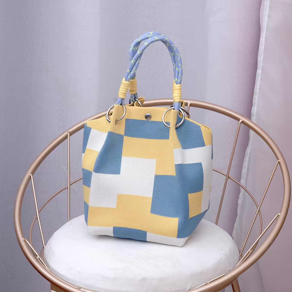 黃藍方格&times;針織手提袋-第1張