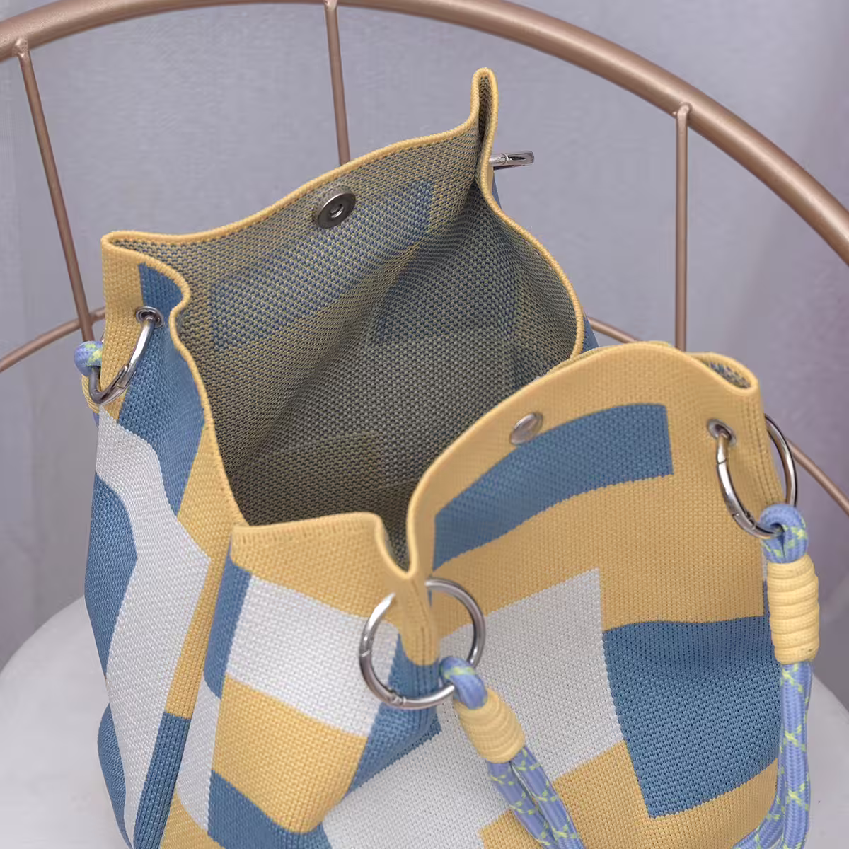 黃藍方格&times;針織手提袋-第4張