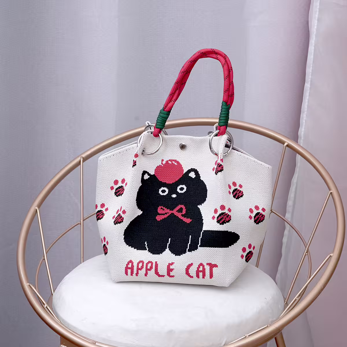 蘋果黑貓&times;針織手提袋-第1張