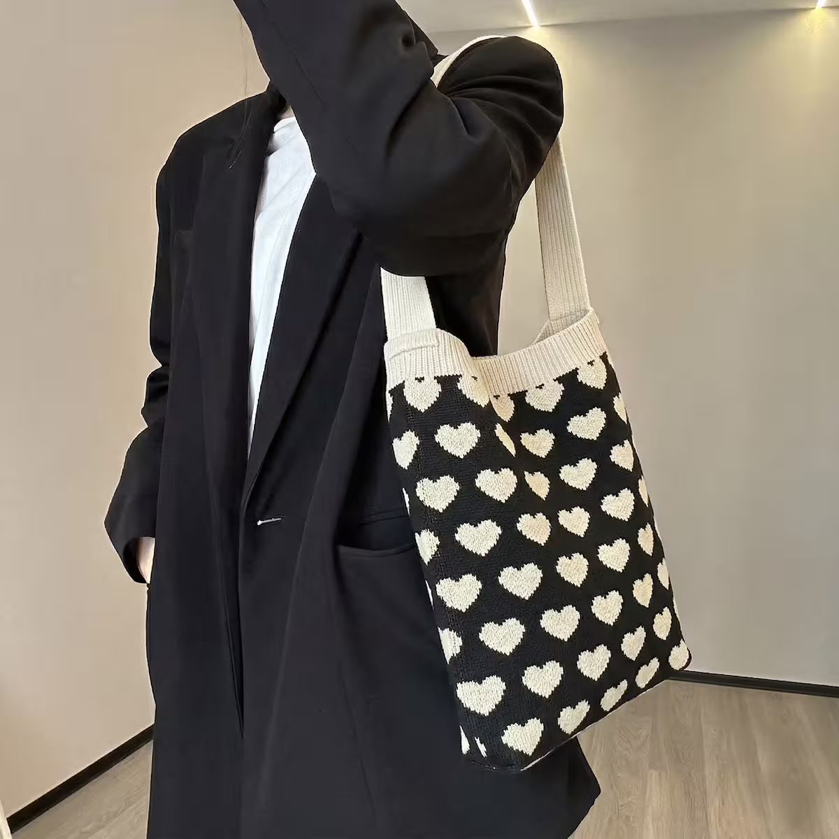 黑白愛心&times;針織&times;單肩背包-第4張