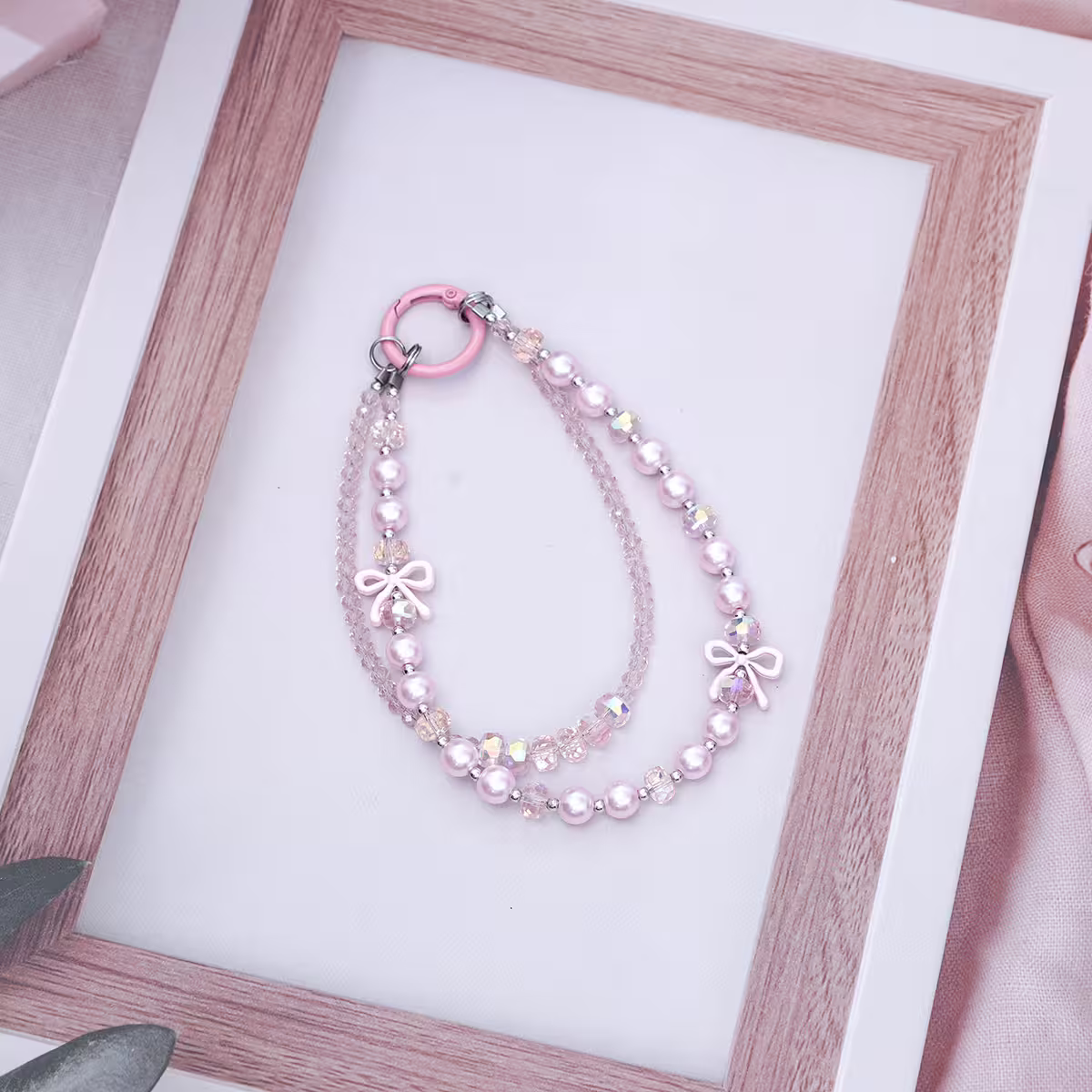 雙層華麗蝴蝶結派對&times;手機腕帶掛繩&times;粉紅-第3張