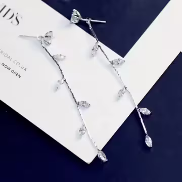 925銀針×晶鑽柳葉垂條×後掛式流蘇耳針
