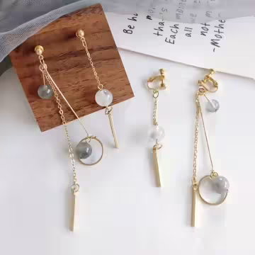灰晶石一字桿圓環×不對稱吊墜耳環