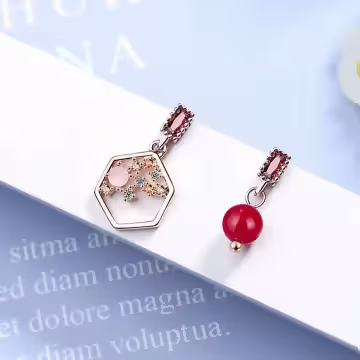復古六角相思紅豆×不對稱吊墜耳環