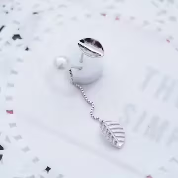 925銀針×樹葉珍珠×不對稱流蘇耳針