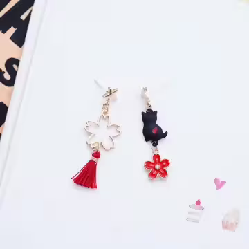 黑貓紅櫻流蘇×不對稱吊墜耳環