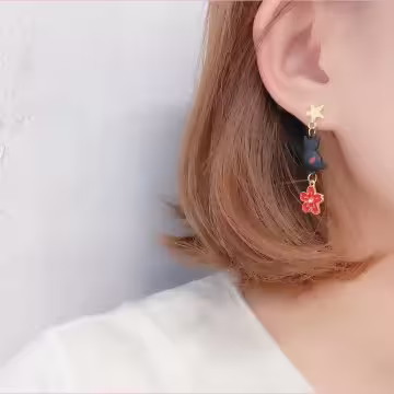 黑貓紅櫻流蘇×不對稱吊墜耳環