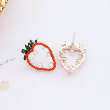 晶鑽草莓紅愛心珍珠×吊墜耳環