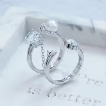 珍珠鋯石連指戒×開口戒指