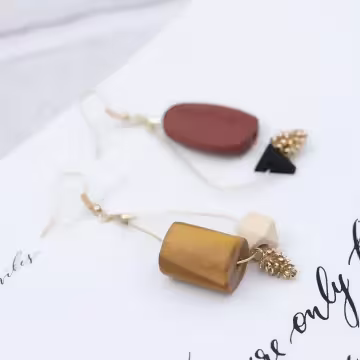 幾何木塊小松果×不對稱吊墜耳勾