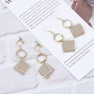 奶茶菱形金屬圓環×螺旋耳夾
