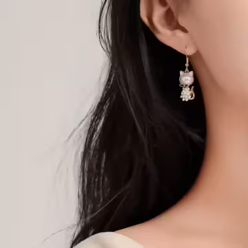 白珍珠小貓咪×吊墜耳勾