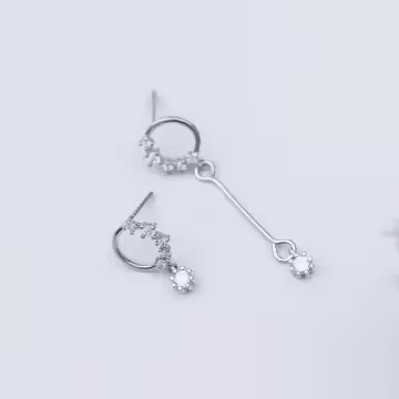925銀針×圓圈鋯石長桿垂鑽×不對稱吊墜耳線環