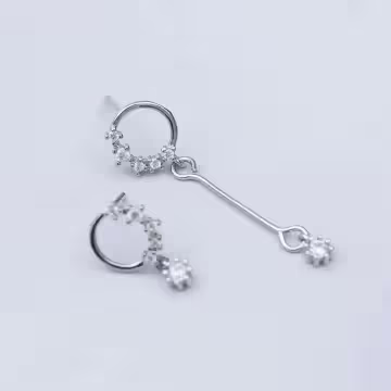 925銀針×圓圈鋯石長桿垂鑽×不對稱吊墜耳線環