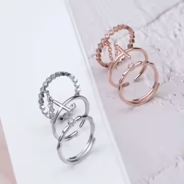 十字菱紋晶鑽×三套件開口戒指組×共二色