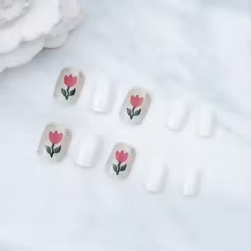 白底紅花鬱金香亮面×穿戴式手指甲片×二十四入