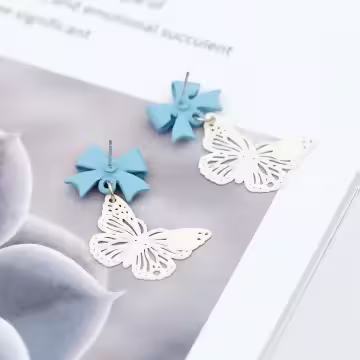 藍領結鏤空白蝴蝶×吊墜耳環