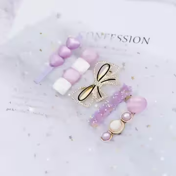 魅紫晶鑽蝴蝶結愛心×五套件髮夾組